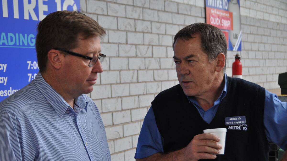 Good Day's Start: Member for Dubbo Troy Grant chatting with David Haywood from Brennan’s Mitre 10 at Thursday’s Tradies Breakfast.