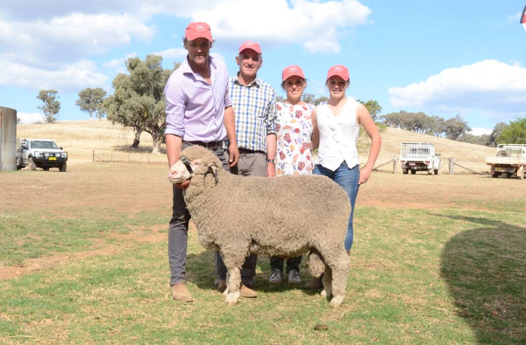Chad, George, Louise and Harriet Taylor of Mumblebone stud with the $12,000 top-priced ram bought by the Kiwi Syndicate, New Zealand.