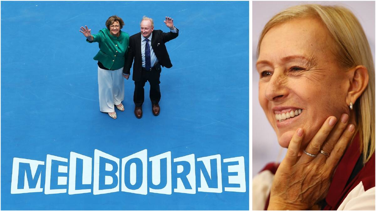 Margaret Court (with Rod Laver) at the opneing of the revamped Margaret Court Arena in 2015 (left); and Martina Navratilova.
