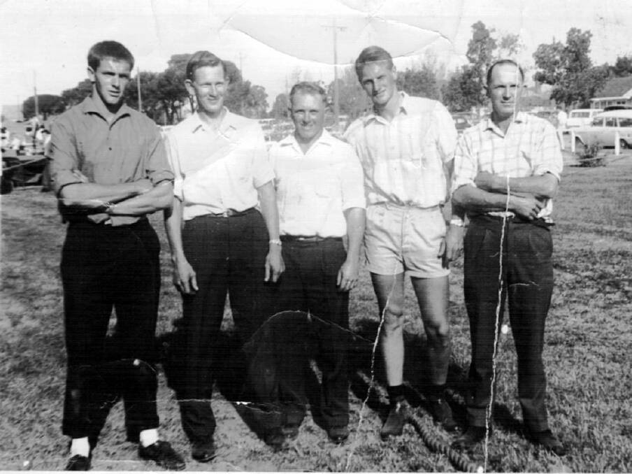 FLASHBACK: Gollan's 1964 Tug of War team featuring Robert Lockrey, Neil Hollow, Gerald Ney, Fred Lockrey and Dal Yeo. Photo: CONTRIBUTED 