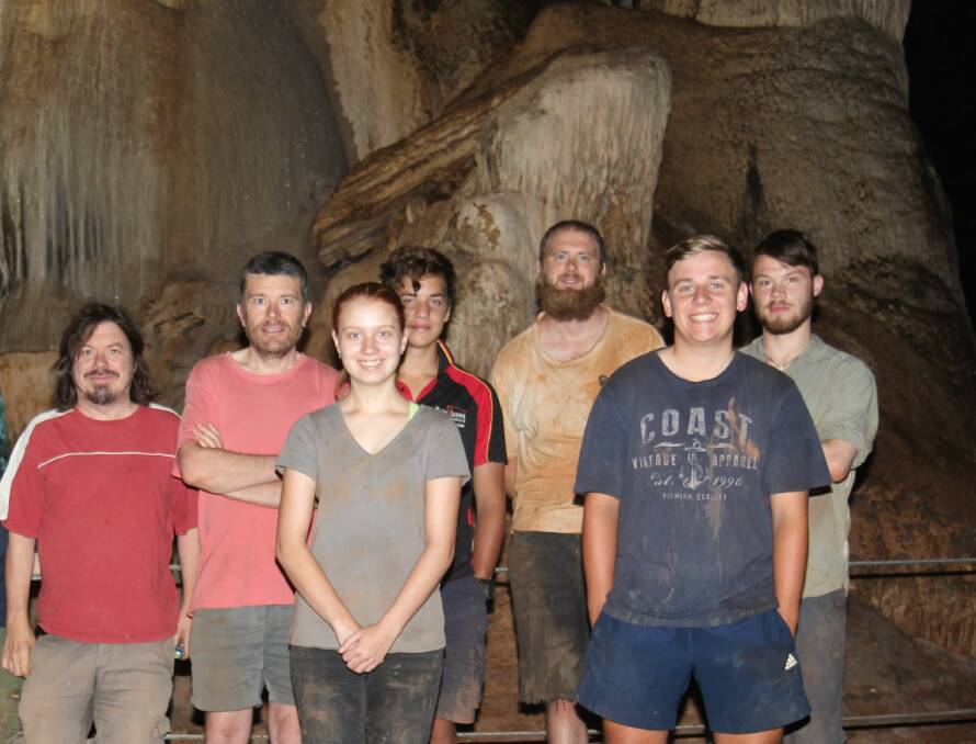 FRONT: Coomandook Area School graduate Teagan Cross and Lachlan Clashom from Harvest Christian College in Kadina
BACK: Flinders University staff members Grant Gully, Professor Gavin Prideaux, Caritas College Port Augusta student Stephen Anderson and Flinders researchers Sam Arman and Jacob van Zoelen at the Wellington Caves. Photo: CONTRIBUTED