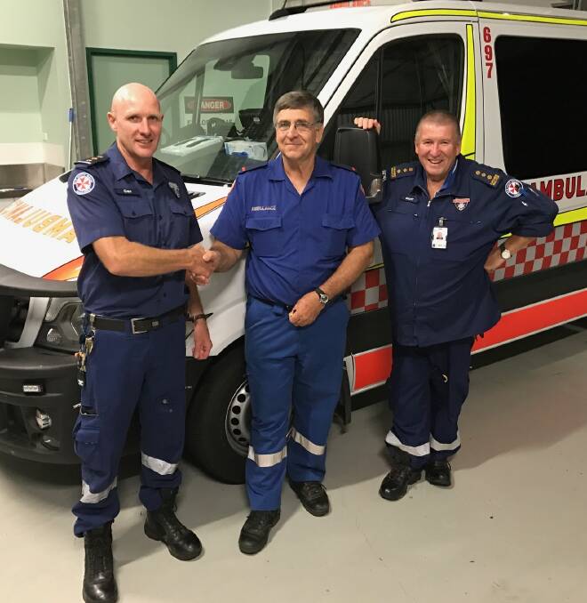 Wellington Station Officer Glen Flanagan with Terry Melhuish and Paramedic Educator Geoff Kiehne. Photo: CONTRIBUTED 
