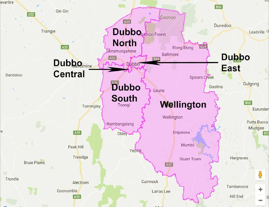 Election time: The five wards that make up Dubbo Regional Council. Where you are enrolled will affect which ward you vote in. Photo: NSW GOVERNMENT