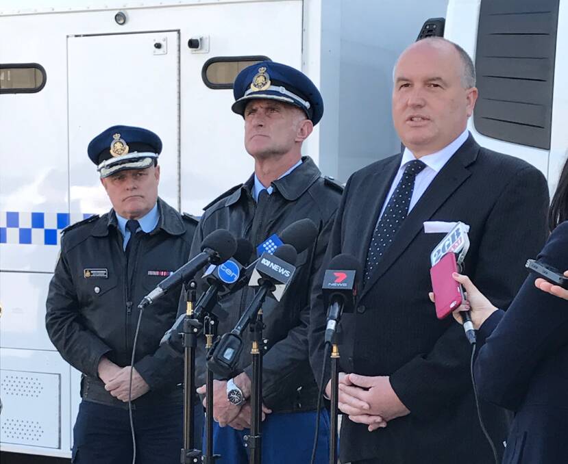 CSNSW Assistant Commissioner Kevin Corcoran, CSNSW Assistant Commissioner Mark Wilson and Minister for Corrections David Elliott launch Operation Purge to target contraband at the state's 36 prisons. Photo contributed.