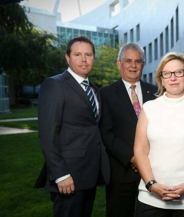 Australian of the Year Rosie Batty with Tim Watts, Ken Wyatt and Andrew Broad, who established Parliamentarians Against Family Violence. Photo: Andrew Meares