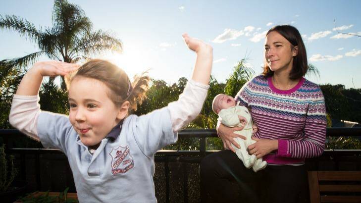 Anouk Sireude with her children, Mila Hauptmann, 5, and Bill Hauptmann, 6 weeks, in their Bardwell Park, Sydney home. Photo: Janie Barrett