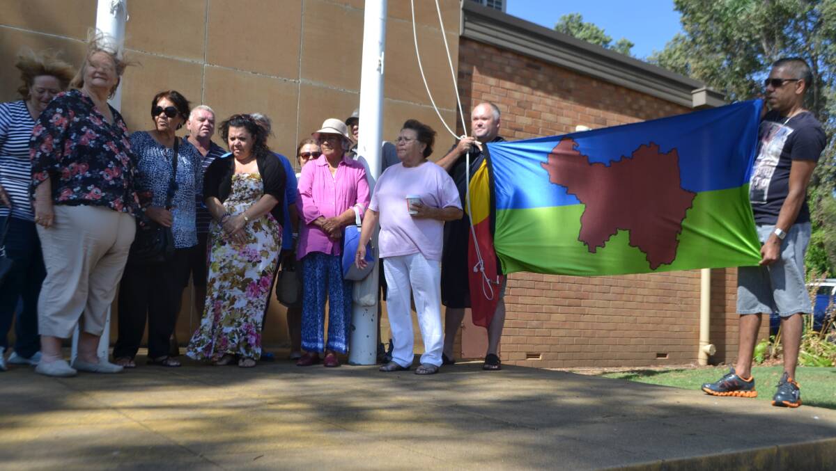 Members of the new Central West Republic with their flag outside the Wellington Council Chambers