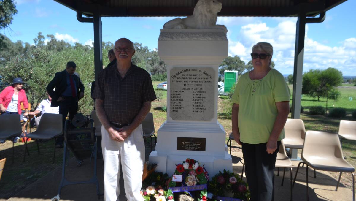 Claude and Janette Huggett paid respect to their family at the Bodangora War Memorial on Sunday.
