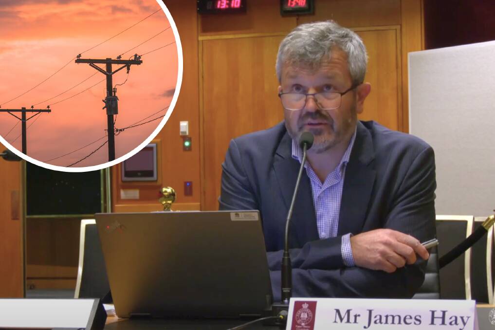 Energy Co CEO James Hay gives evidence during the hearing at NSW parliament. Picture via NSW Parliament, inset via Canva
