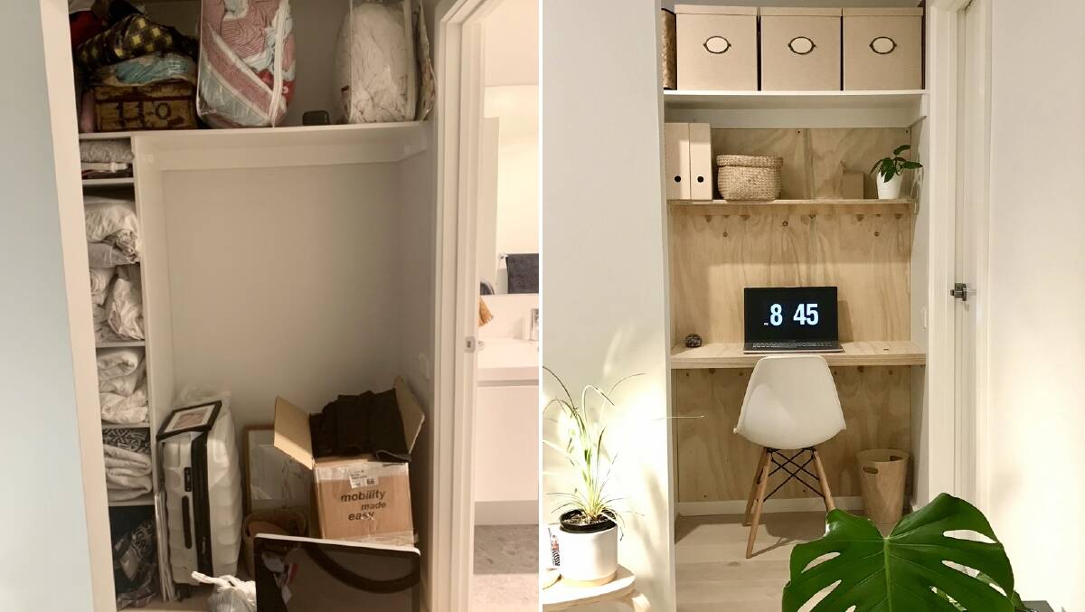 Before and after: Watson resident Tania Jario converted her wardrobe into a study nook. Pictures: Supplied