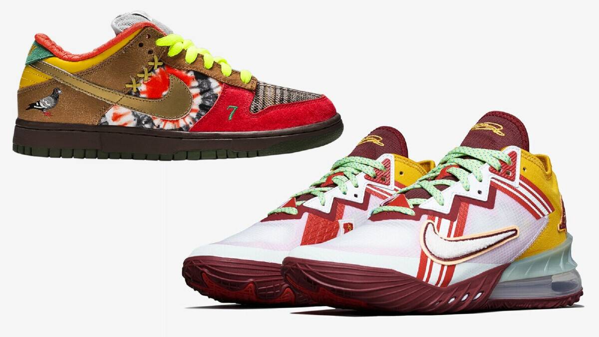 Nike SB Dunk Low "What The Dunk" sneakers (left) and Nike LeBron 18 Low x Mimi Plange Higher Learning sneakers (right).