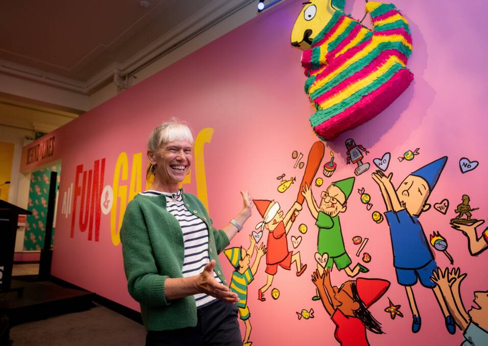 Political Cartoonist of the Year, Fiona Katauskas at the Museum of Australian Democracy on Wednesday. The 2023 Behind the Lines exhibition has the theme All Fun and Games. Picture by Elesa Kurtz
