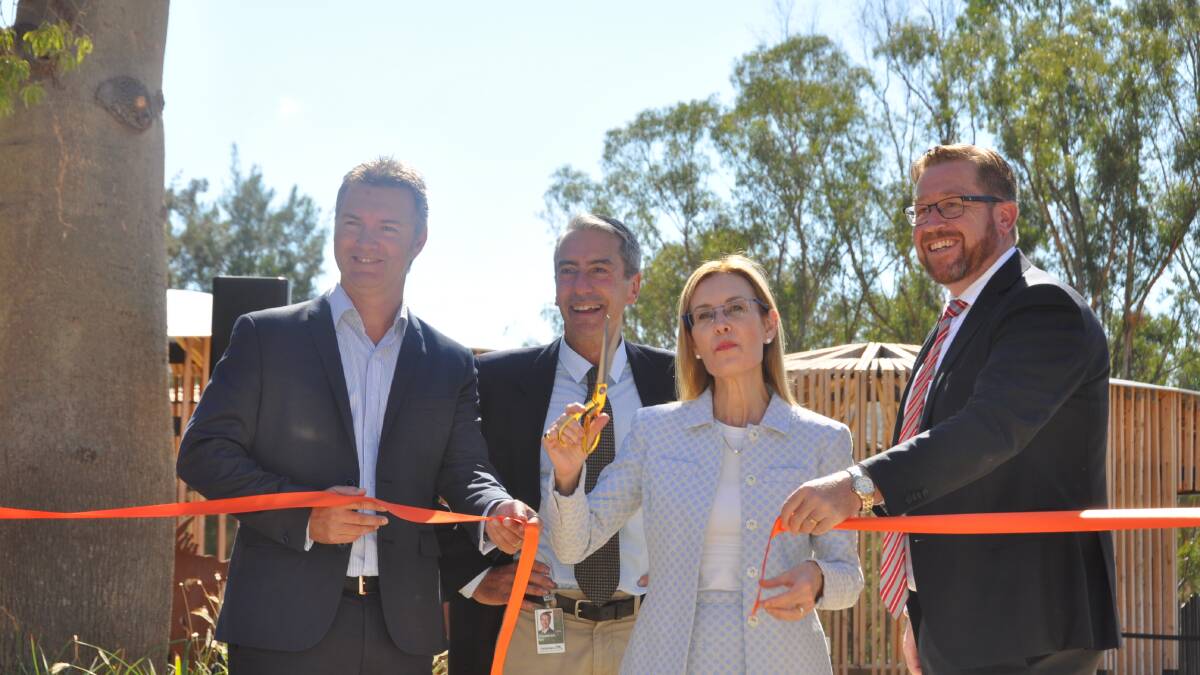 Red Ribbon: Opening of the Lions Pride Land at the Dubbo Zoo. Steve Hinks, Cameron Kerr, Minister for the Environment Gabrielle Upton, Member for Dubbo Troy Grant