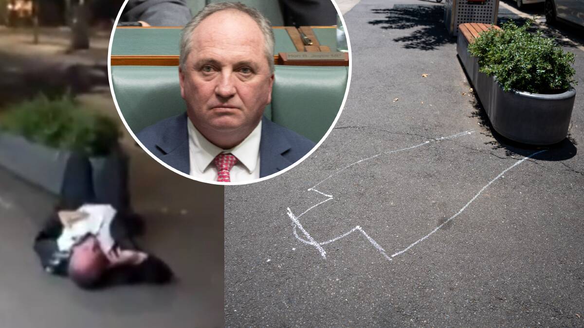 Barnaby Joyce was photographed on the ground in Braddon, and a chalk outline was drawn on the spot. Pictures social media, Elesa Kurtz, Gary Ramage