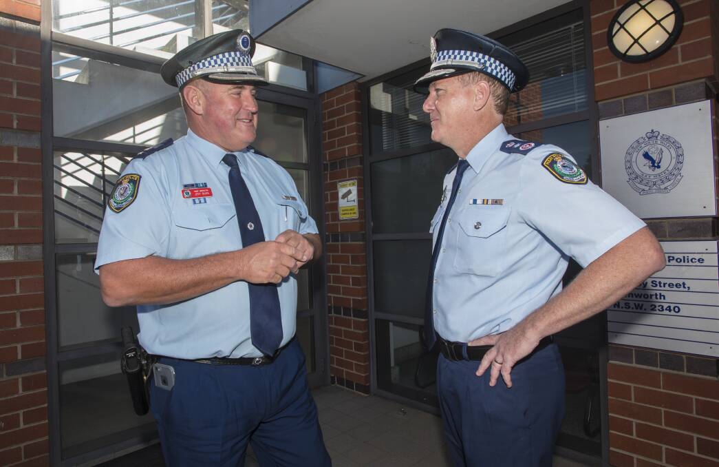 Talking tactics: Oxley Acting Superintendent Jeff Budd and NSW Police Commissioner Mick Fuller in Tamworth on Friday. Photo: Peter Hardin