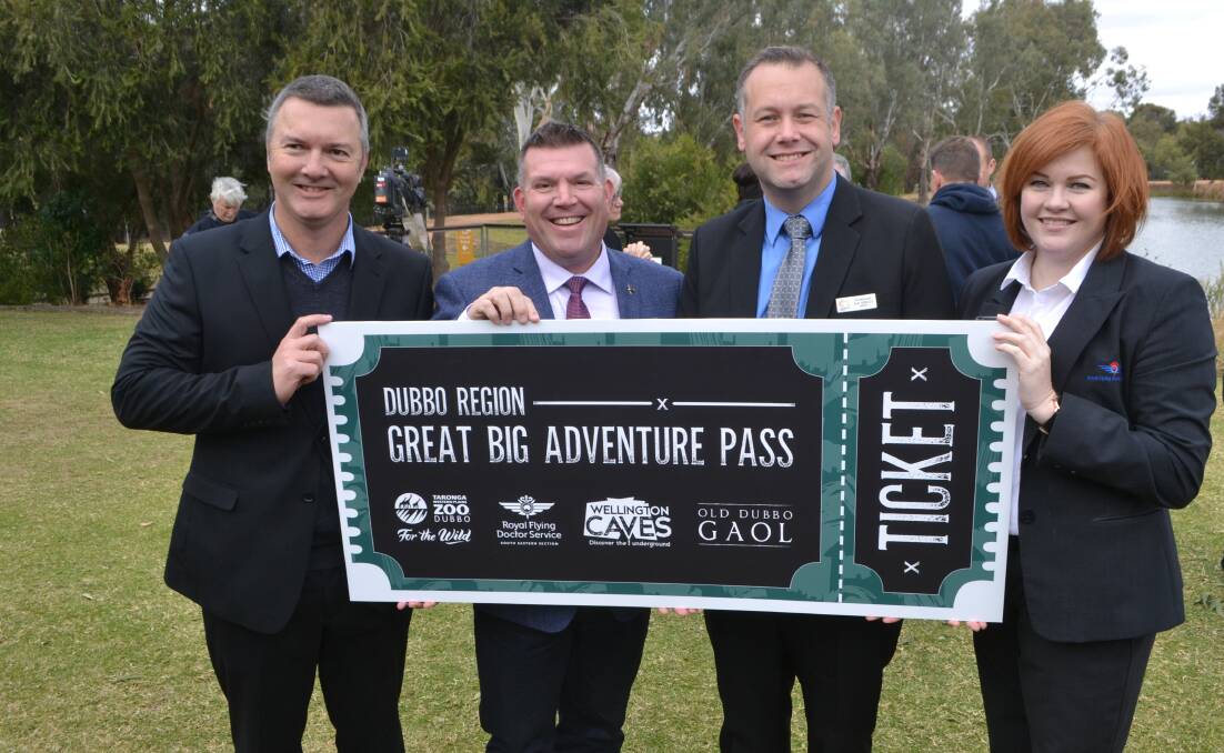 JOINT EFFORT: Taronga Western Plains Zoo director Steve Hinks, state Member for Dubbo Dugald Saunders, Dubbo Region mayor Ben Shields and Dubbo's Royal Flying Doctor Service base manager Kendall Graham launch the ticket. Photo: RYAN YOUNG