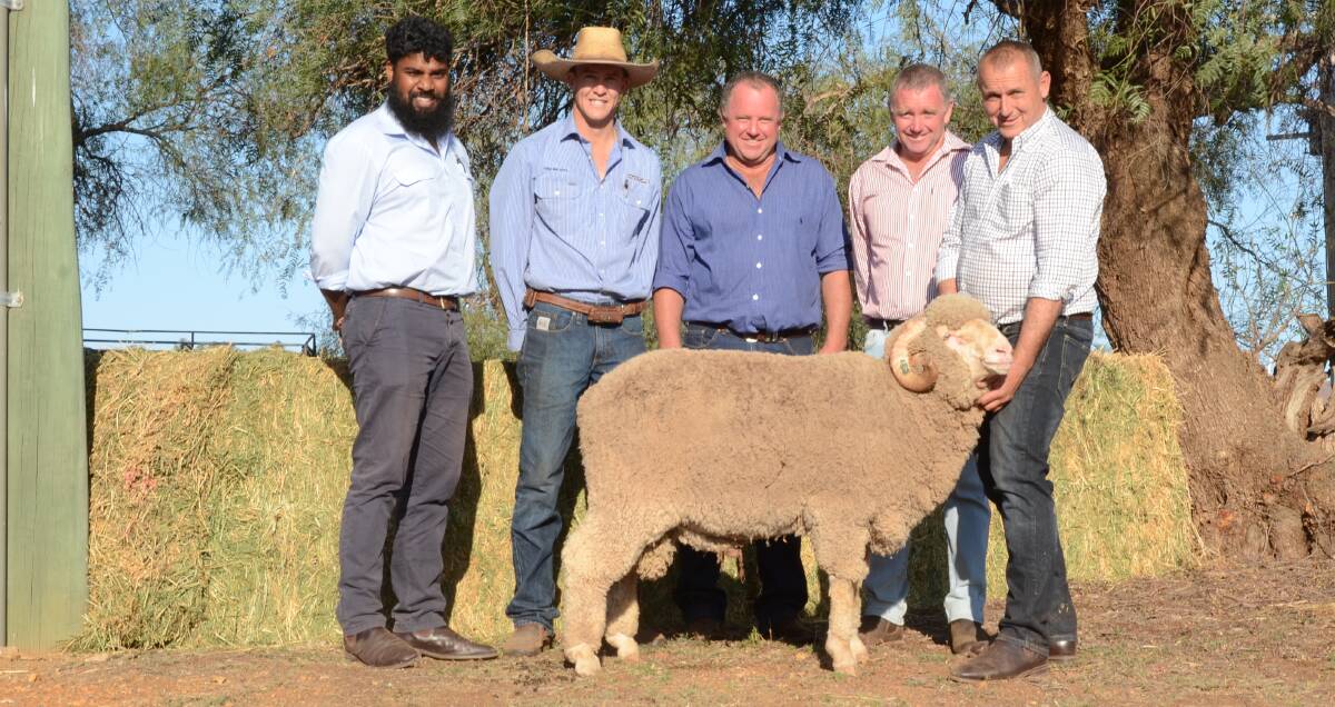 The Doherty brothers, Roine, Goolma, returned to pay top price of $3500 for this 17.9 micron son of Pooginook Pat among their . Pictured is David Mahilraj, AWN, Bathurst; Lachlan Croake, Milling Stuart, Dunedoo, buyers Mark and Peter Doherty, while Allendale studmaster Tony Inder holds the ram.