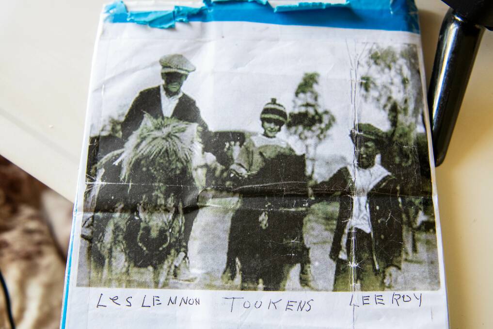 An old photograph of Les Lennon and 'Tookens' (Emily Lyons) sitting on ponies while Tookens' younger brother Leeroy stands beside her, which now resides in Ms Lyons' room in an aged care facility in Wellington, NSW. Picture by Belinda Soole
