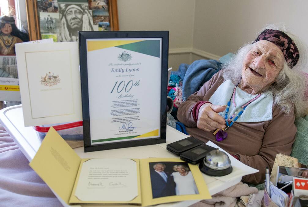 Emily Lyons, also known as the Duchess of Dubbo, with her 100th birthday letters from King Charles and the Federal Member for Calare, Andrew Gee. Picture by Belinda Soole