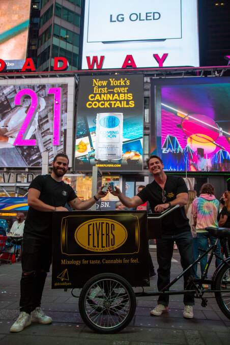 Miles McKirdy (right) with his mate in NYC, sampling the brand new Flyers cannabis-infused cocktails. Picture: Suplied