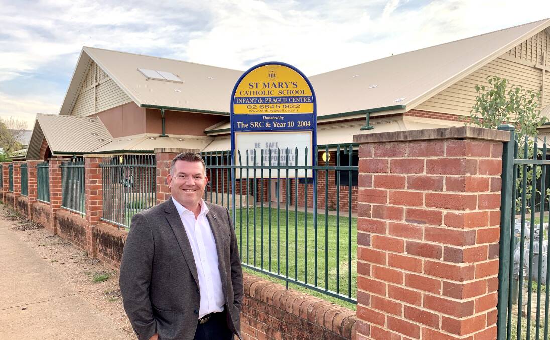 Budding directors: Dubbo MP Dugald Saunders outside St Mary's Catholic School. Photo: Supplied.