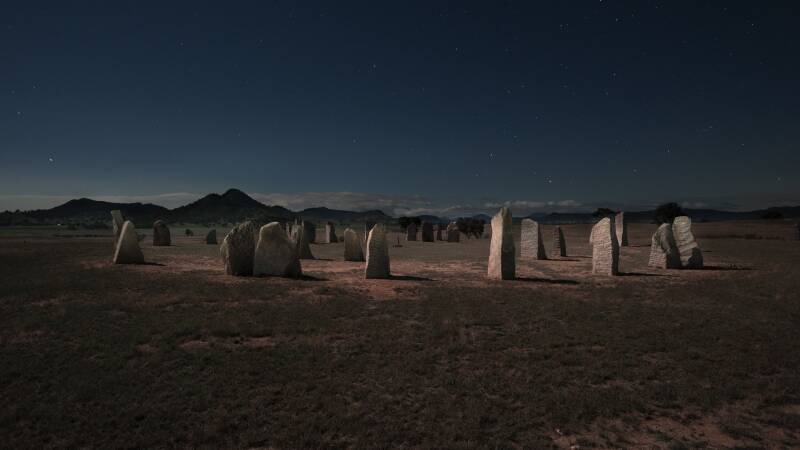A reverent operatic performance installation at the impressive Wollemi Standing Stone Circle near Rylstone. Photo: Supplied. 