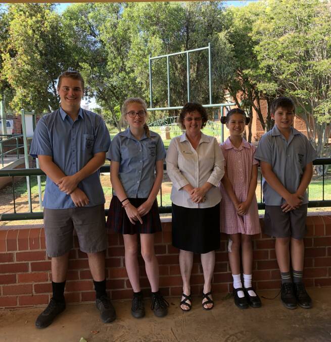 Leading their school: (l-r) School captains Liam Hilet and Chloe Shanahan with St Mary's principal Mrs Leanne Clarke and primary captains Millie Jone and Gus Carney. Photo: Supplied. 