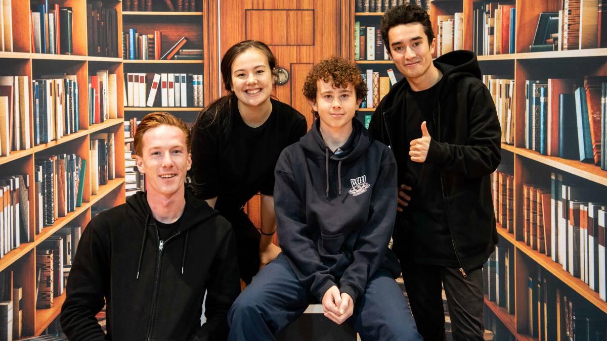 Shakespeare's works came to life thanks to three talented performers from national theatre company Bell Shakespeare, pictured here with Wellington High Year 10 student Tom Hawke. Photo: Supplied. 