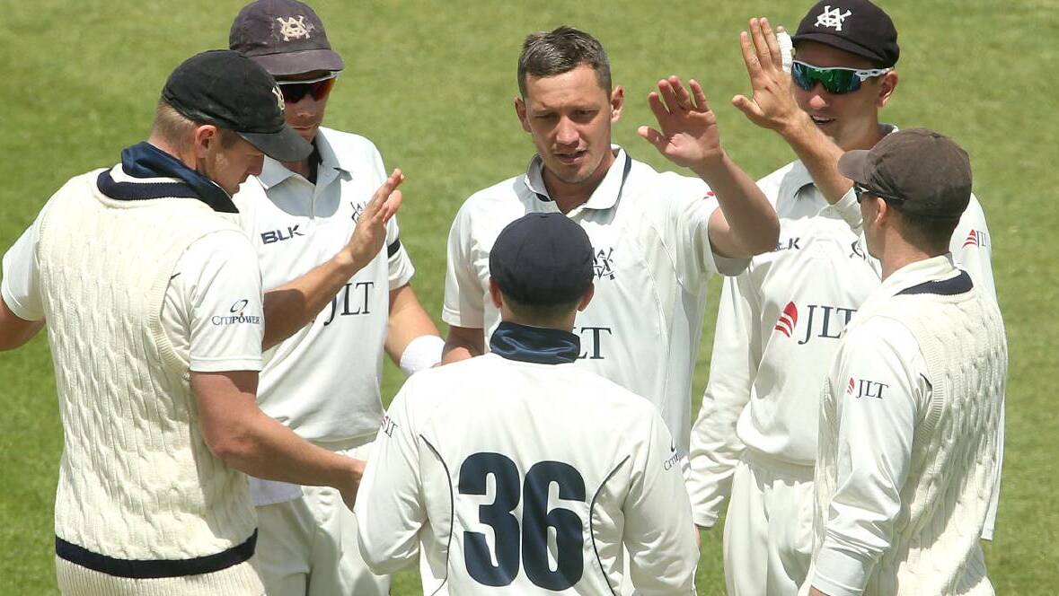 STATE HIS CASE: Chris Tremain (middle) celebrates a wicket with victory earlier in this summer's Sheffield Shield. Photo: AAP/HAMISH BLAIR