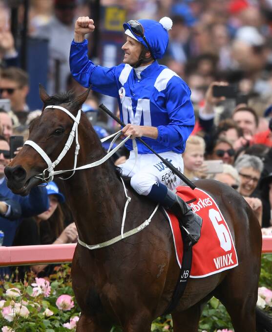 Jockey Hugh Bowman after one of Winx's historic four Cox Plate wins.