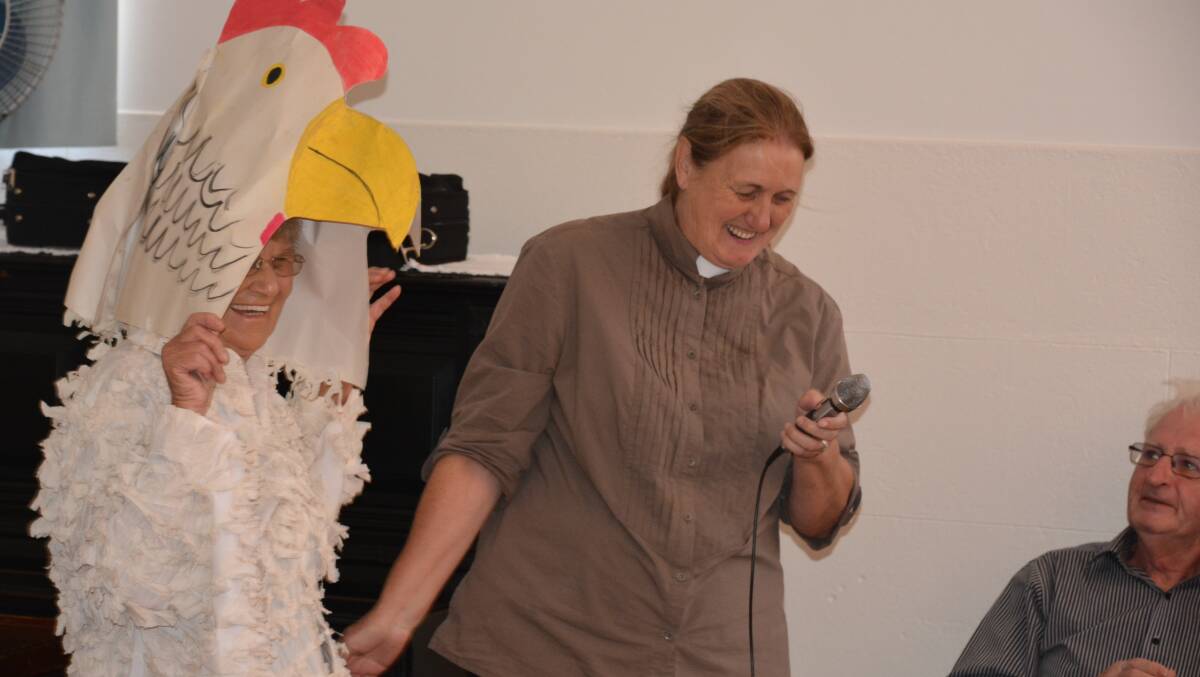 Rene Hannelly in her chicken costume during Leslie's farewell speech.