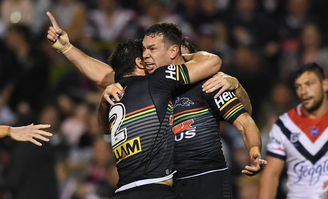 GOT IT: Wellington junior and Penrith centre Brent Naden celebrates after scoring his first try in the NRL on Sunday night. Photo: AAP