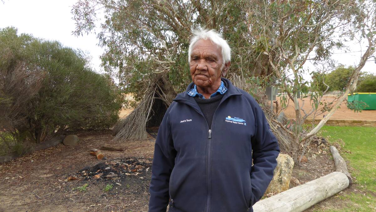 STORIES TO TELL: Noongar elder Jack Cox in front of the traditional mia, or camp, at Koodja Place. A former tent boxer, nowadays he has a gentler role as a guide at the centre.