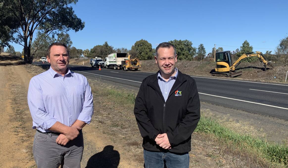 Dubbo Councillor Greg Mohr and Mayor Ben Shields in front of the sound mound where works will be carried out to improve the entrance to the town.