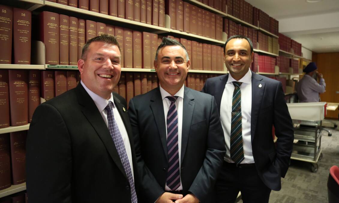 Member for Dubbo Dugald Saunders, NSW Deputy Premier John Barilaro and Member for Coffs Harbour Gurmesh Singh.