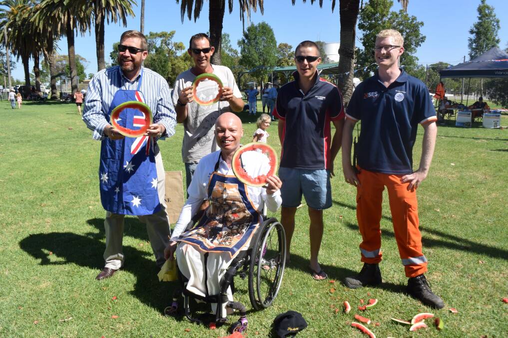 Australia Day: Troy Grant, Jason Pepper, David Hall, Nathan Leach and Joseph Parker enjoying the day’s events at Narromine. Photo: JENNIFER HOAR