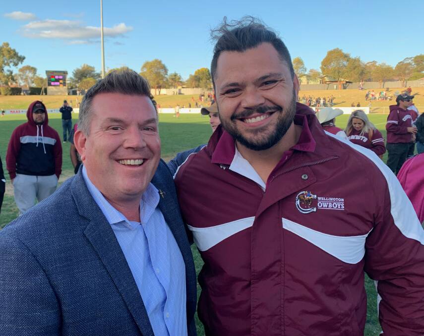Member for the Dubbo electorate Dugald Saunders with Wellington Cowboys coach Justin Toomey-White. Photo: CONTRIBUTED
