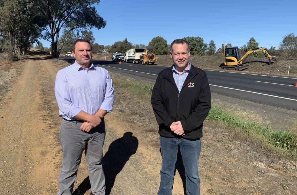 Councillor Greg Mohr and Mayor of the Dubbo Region Ben Shields inspect the clean-up work that was carried out at the Dubbo-side entrance of Wellington recently.