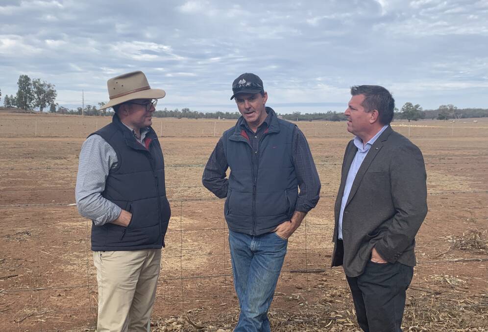 Minister for Agriculture and Western NSW Adam Marshall with Dubbo farmer Peter Ryan and Member for Dubbo Electorate Dugald Saunders. Photo: CONTRIBUTED