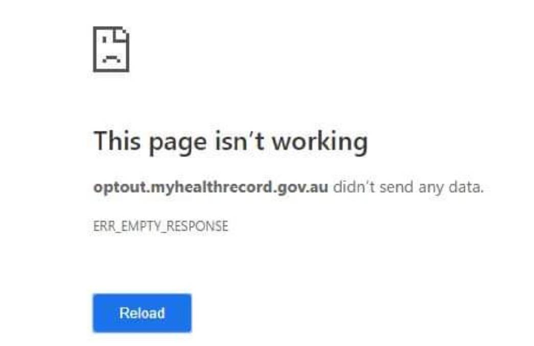 Frustrated users reported seeing error messages while trying to opt-out of the My Health Record on Wednesday. Photo: Facebook.