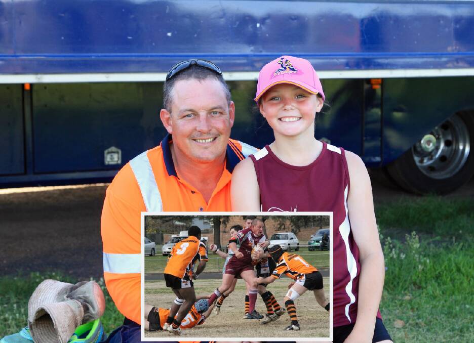 Paul Black, with daughter Callee and inset, Black on the footy field playing for the Cowboys.