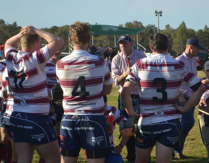 Praised: Coach Greg Brien musters the troops during the Redbacks' Grand Final loss to the Geurie Goats. Photo: Nick Guthrie