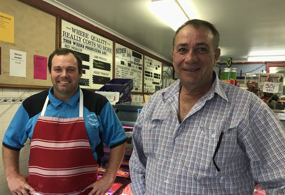 Touring the region: SFF candidate for Calare Sam Romano met with Wellington businessman Rodney Dowton of Dowtos Family Meats among others. Photo: Provided.