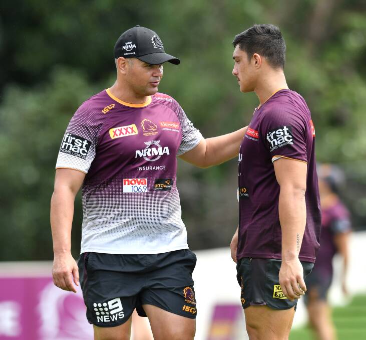 STARTER: Kotoni Staggs (right) with Brisbane Broncos coach Anthony Seibold ahead of last Thursday's defeat at the hands of the Sydney Roosters. Staggs will start again on Thursday. Photo: AAP IMAGE/ DARREN ENGLAND