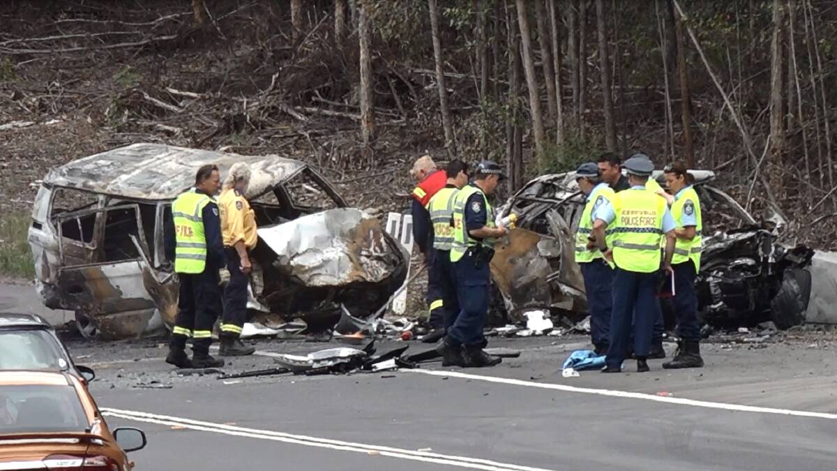 The fiery Boxing Day crash on the Princes Highway near Bendalong, which claimed the lives of Home and Away star Jessica Falkholt and her family. A review of penalties and driver safety followed the accident. Picture: TNV