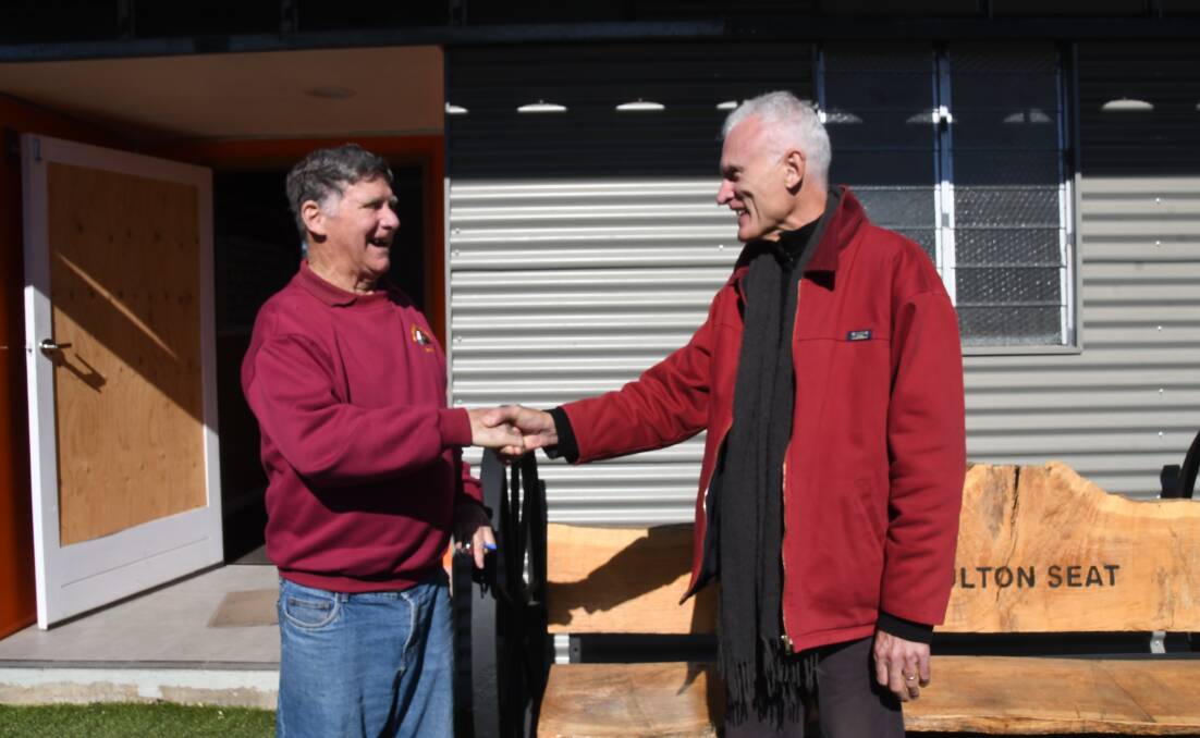 Wellington Men's Shed chair Garry Hayes welcoming Reverend John Morrison to town. Photo: ORLANDER RUMING