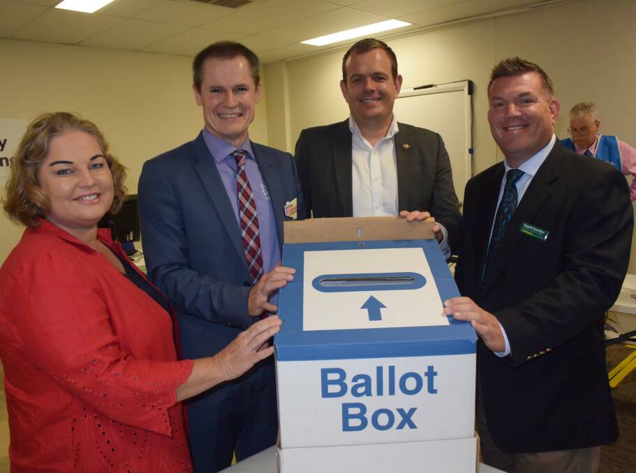 BALLOT: Shooters, Fishers and Farmers candidate Lara Quealy, Independent Mathew Dickerson, Country Labour candidate Stephen Lawrence and The Nationals candidate Dugald Saunders at the draw. Photo: ORLANDER RUMING