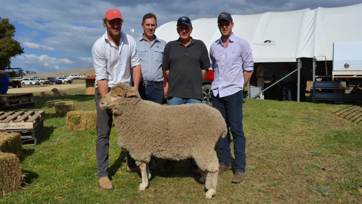 One of the $12,000 top priced rams with Chad Taylor, Mumblebone, Wellington, Nextgen Agri's Mark Ferguson, Christchurch, New Zealand, and buyers Tim and Tom Mulholland, Operina P/L, Moulamein.